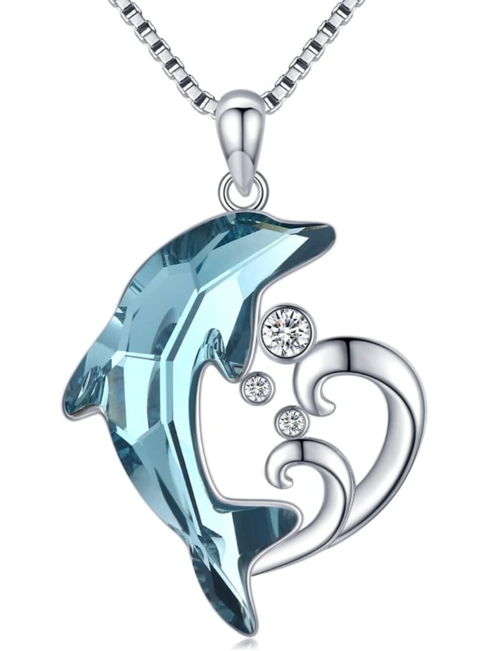 Women's Sterling Silver Dolphin Beach Themed Pendant Blue Crystal Necklace